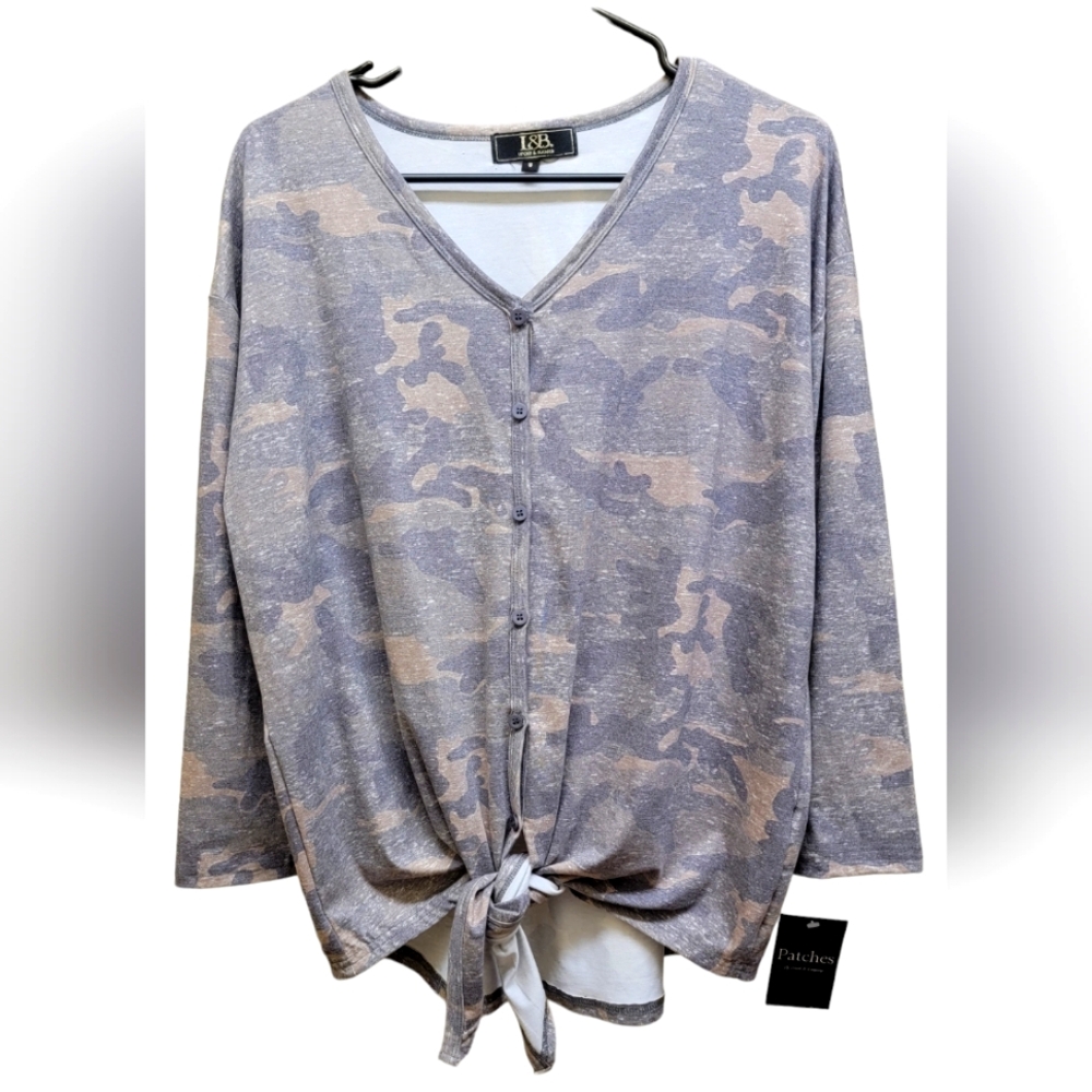 NWT L&B Women's Long Sleeve Camo Button Down with Tie Front